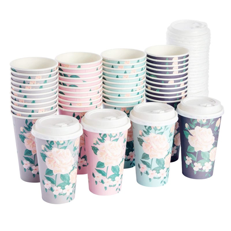 BLUE PANDA Paper Coffee Cups - 16 Oz, 48 Count, 4 Pastel Floral Colors - Disposable Cups with Lids for Hot & Cold Coffee & Tea to Go - Image 1